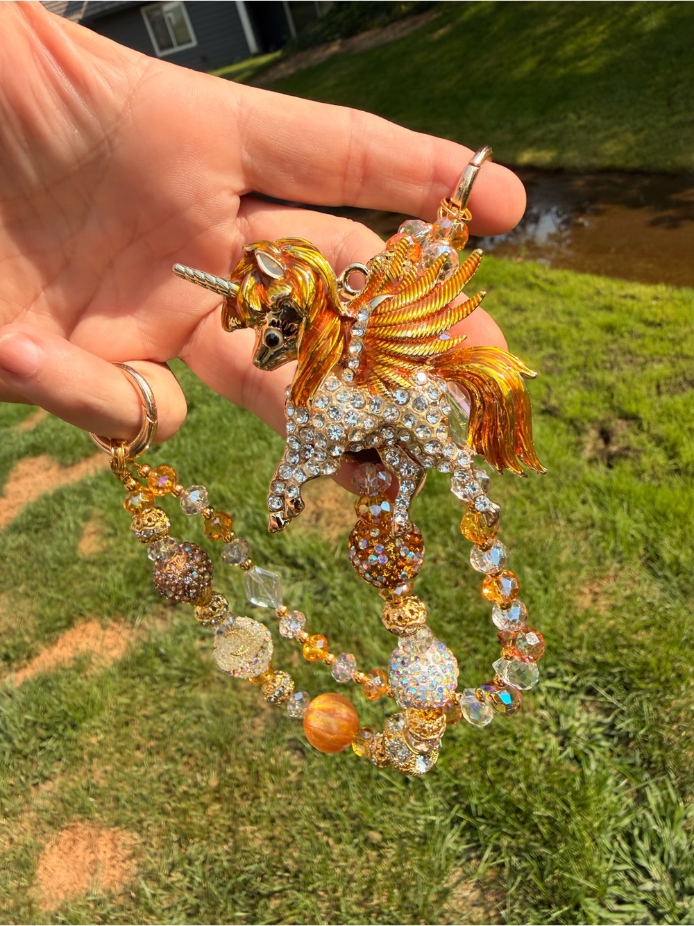 Gold and Amber Crystal Unicorn purse Pendant (Jean/horse tack/truck mirror)